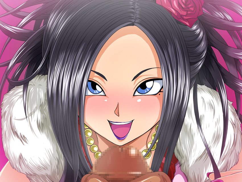 banned_artist black_hair blue_eyes blush censored deborah dragon_quest dragon_quest_v face flower hair_flower hair_ornament huge_penis jewelry mole mosaic_censoring naughty_face necklace open_mouth penis raburebo red_flower red_rose rose