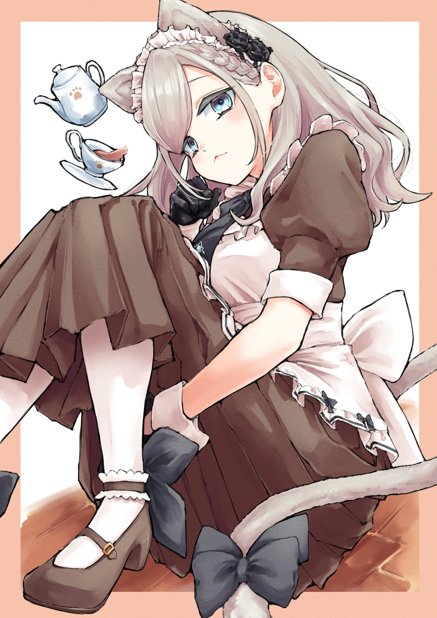 1girl absurdres animal_ears apron black_flower black_gloves blue_eyes border bow brown_dress brown_shoes cat_ears cat_tail ceras_yanagida_lilienfeld closed_mouth commentary cup dress flower foot_out_of_frame frilled_apron frills gloves grey_hair hair_flower hair_ornament highres hugging_own_legs knees_up link!_like!_love_live! long_dress looking_at_viewer love_live! maid maid_apron maid_headdress mary_janes mendo_(mend0o0) nyan_nyan_nyan_fair_in_gamers official_alternate_costume on_floor orange_border outside_border pantyhose paw_pose puffy_short_sleeves puffy_sleeves saucer shoes short_sleeves simple_background sitting solo tail tail_bow tail_ornament teacup teapot virtual_youtuber white_apron white_background white_pantyhose
