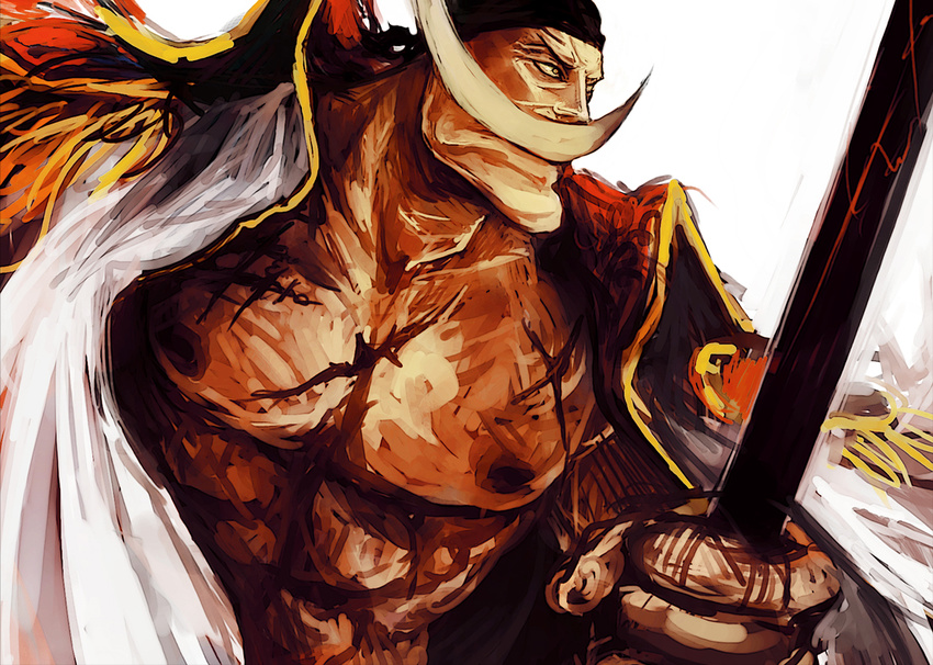 abs bad_id bad_pixiv_id bandana coat edward_newgate facial_hair male_focus manly muscle mustache one_piece scar simple_background solo tsuyomaru weapon