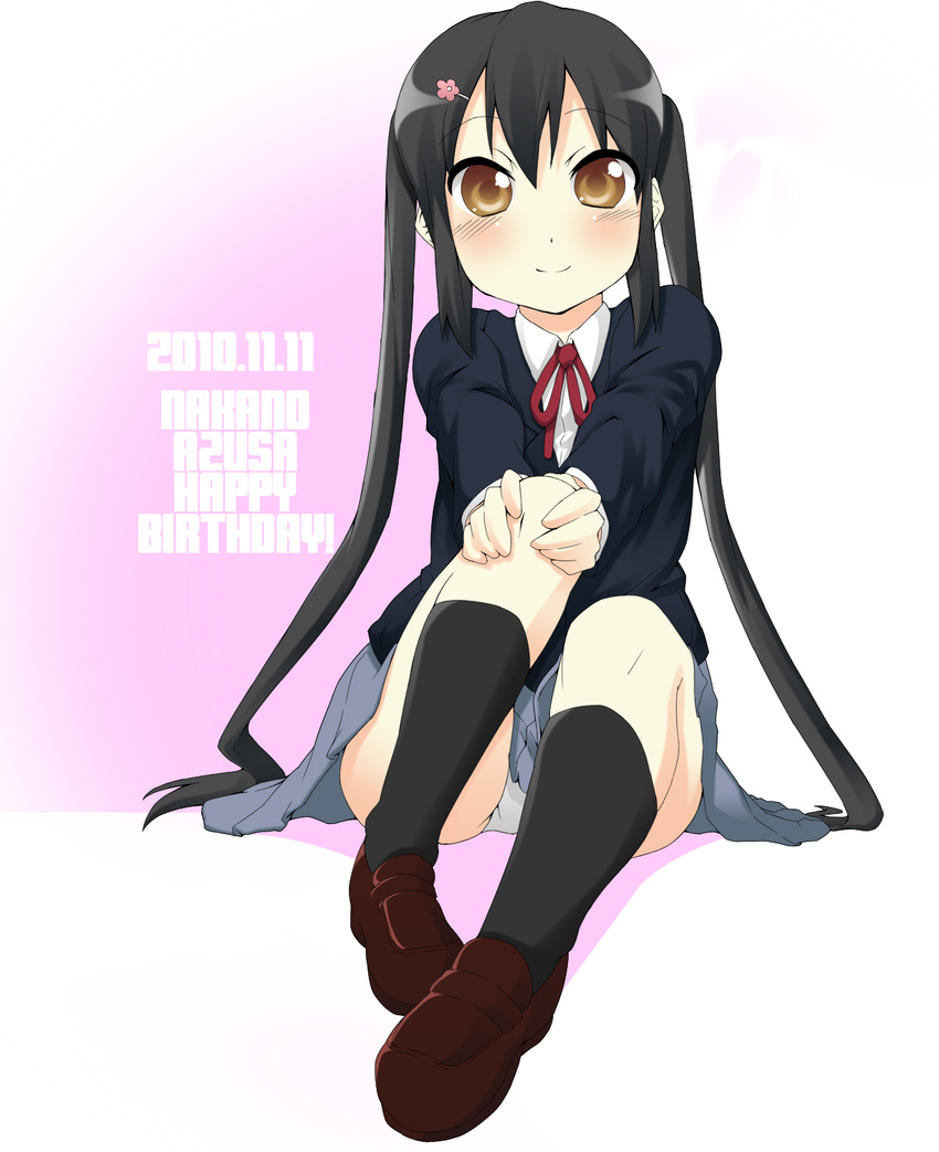 black_hair brown_eyes ekakibito happy_birthday highres k-on! long_hair nakano_azusa neck_ribbon panties pantyshot pantyshot_(sitting) red_ribbon ribbon school_uniform sitting solo twintails underwear white_panties