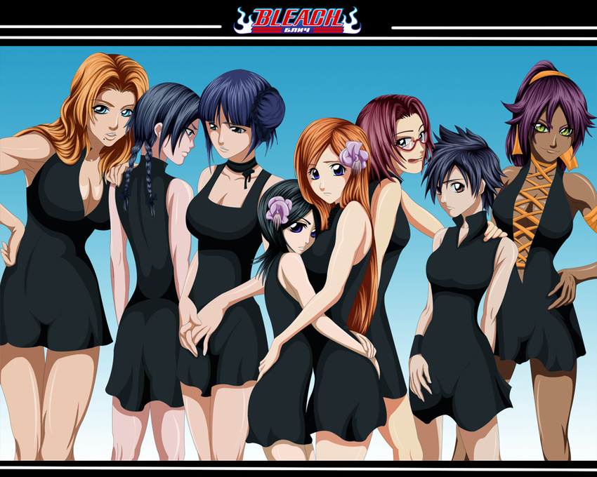 arisawa_tatsuki bangs bare_legs black black_dress black_hair bleach blue_background blue_eyes blunt_bangs braid breasts brown_eyes center_opening choker cleavage copyright_name dress flower glasses green_eyes hair_bun hair_flower hair_ornament hand_on_shoulder hands high_collar hips honshou_chizuru hug inoue_orihime kubo_taito kuchiki_rukia kurotsuchi_nemu leaning letterboxed logo long_hair looking_at_viewer looking_away matsumoto_rangiku medium_breasts mole mole_under_mouth multiple_girls orange_hair purple_eyes purple_hair red_hair shihouin_yoruichi short_dress short_hair sleeveless sleeveless_dress spiked_hair standing twin_braids yadoumaru_lisa yellow_eyes