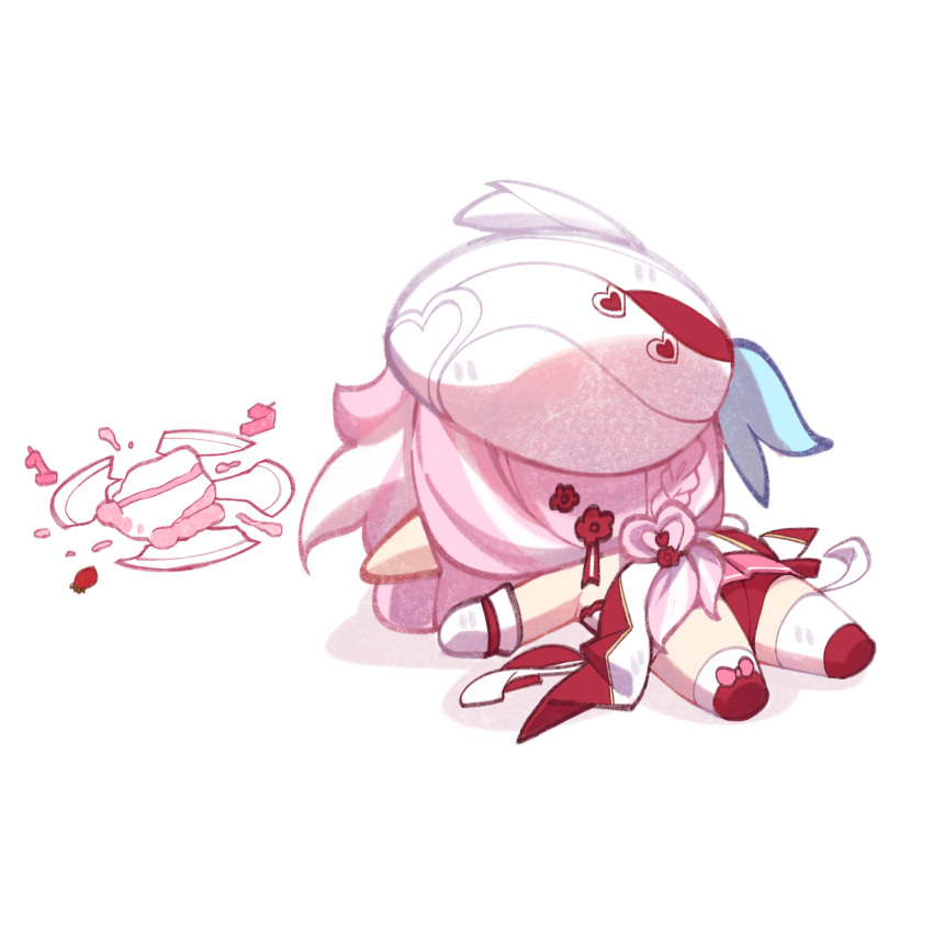 1girl ass beret broken_plate cake cake_slice chibi chibi_only commentary dress elf elysia_(hi_love_elf)_(honkai_impact) elysia_(honkai_impact) english_commentary fallen_down food fruit hat highres honkai_(series) honkai_impact_3rd jfifwebp multicolored_hair panties pink_hair plate pointy_ears red_panties red_shoes shoes simple_background solo strawberry thighhighs two-tone_hair underwear white_background white_dress white_hair white_thighhighs