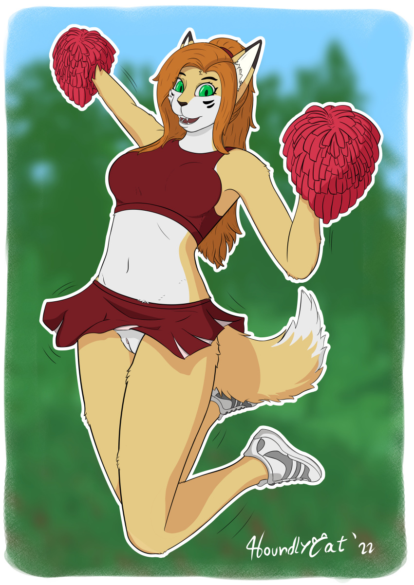 absurd_res anthro athletic athletic_female bottomwear cheerleader clothing elisabeth_(eipril) female footwear genitals hair hi_res houndlycat jumping pom_poms pussy shoes skirt sneakers solo_focus tied_hair upskirt