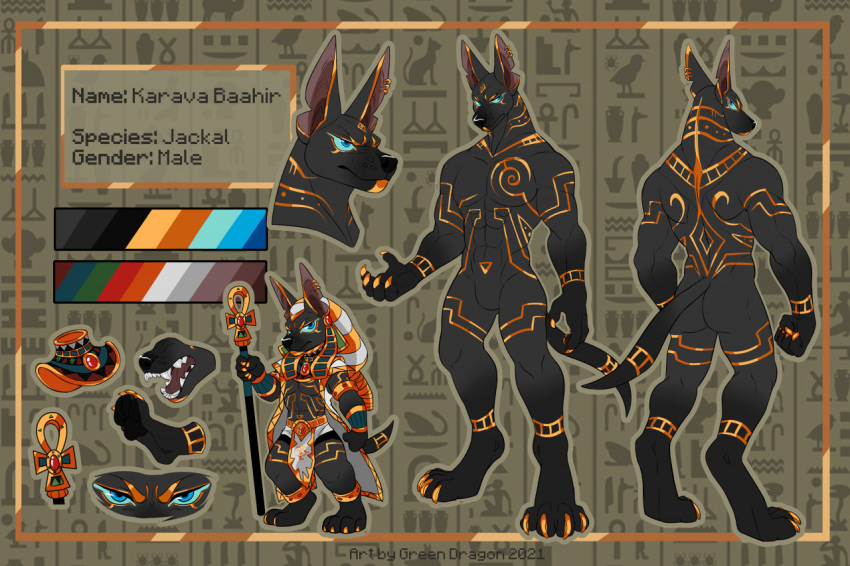 2021 abs ankh anthro anubian_jackal blue_eyes bottomwear canid canine canis cape clothed clothing digitigrade egyptian english_text featureless_crotch greenthelazydragon jackal loincloth male mammal model_sheet nude solo text
