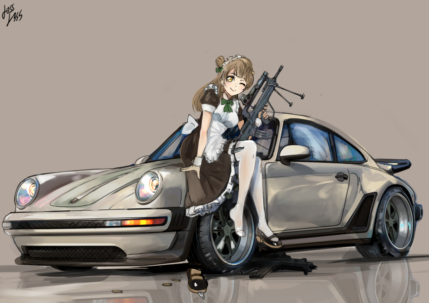 1girl alternate_costume apron assault_rifle bipod black_dress black_footwear breasts brown_eyes brown_hair bullpup car dress english_commentary enmaided famas grey_hair ground_vehicle gun highres holding holding_weapon knife light_brown_hair long_hair looking_at_viewer losslessarts love_live! love_live!_school_idol_project maid maid_apron mary_janes medium_breasts minami_kotori motor_vehicle one_eye_closed pantyhose porsche reflection rifle shell_casing shoe_removed shoes signature sitting_on_car skirt smile spoiler_(automobile) thigh_strap thighhighs thighs trigger_discipline weapon white_thighhighs