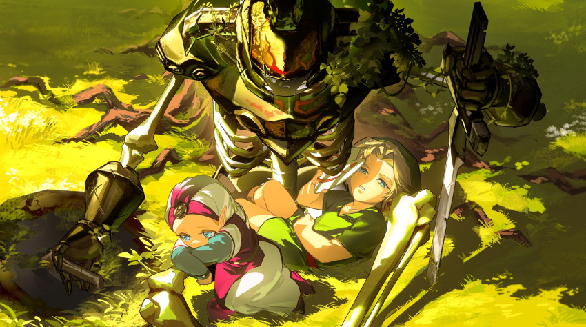 1boy 1girl armor blonde_hair blue_eyes duoj_ji grass helmet hero's_shade highres link looking_at_viewer mask mask_of_truth mask_removed parted_lips pointy_ears princess_zelda shade shield sitting sitting_on_lap sitting_on_person skeleton sword the_legend_of_zelda the_legend_of_zelda:_majora's_mask the_legend_of_zelda:_ocarina_of_time the_legend_of_zelda:_twilight_princess tree turban weapon young_link young_zelda