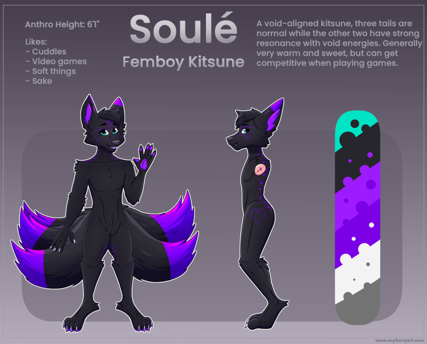 anthro bioluminescence black_body black_fur blue_eyes canid canine digitigrade featureless_crotch fox fox_spirit fur glowing hi_res male mammal markings model_sheet multi_tail my_furry_art pawpads purple_body purple_fur solo soule` spots spotted_body spotted_fur young