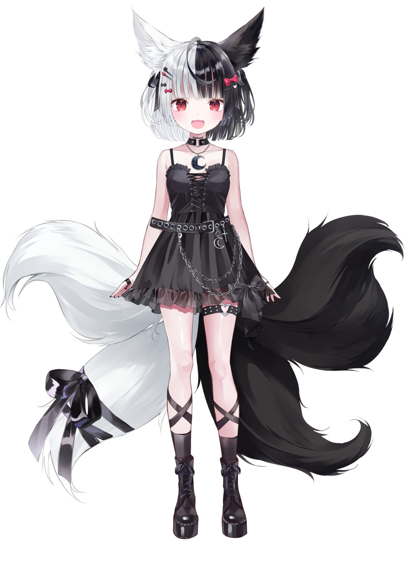 1girl absurdres alice_mana alternate_costume animal_ears belt black_hair blush breasts collar commentary_request fox_ears full_body hair_ornament hairclip highres indie_virtual_youtuber medium_hair multicolored_hair nabi_(uz02) official_alternate_costume open_mouth red_eyes shoes sleeveless small_breasts solo standing two-tone_hair virtual_youtuber white_background