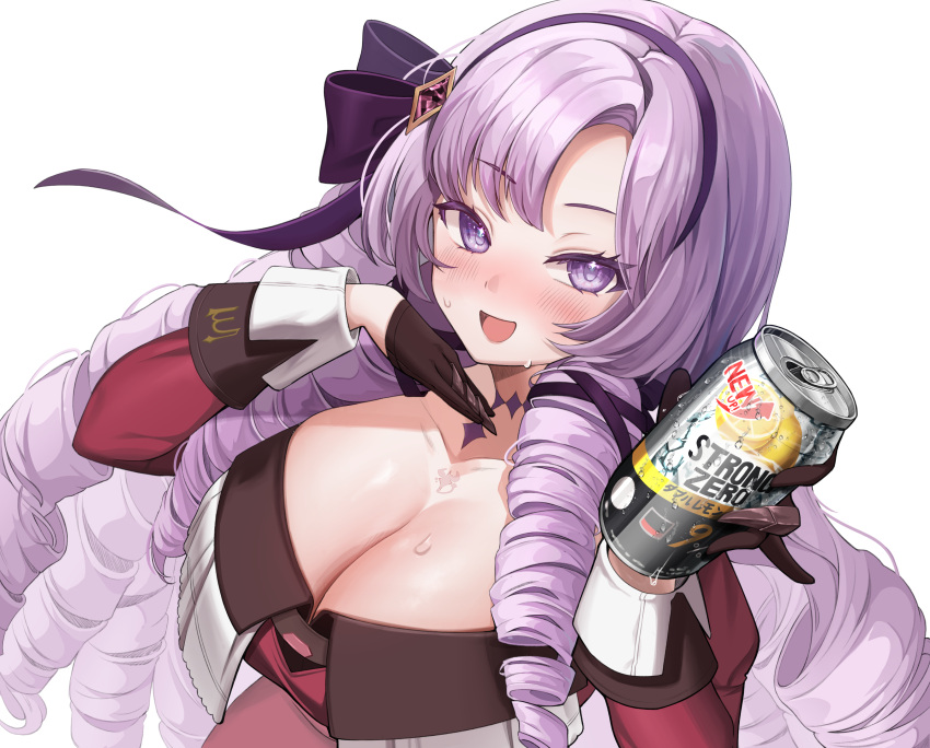 1girl absurdres alcohol bare_shoulders breasts can choker cleavage dress drill_hair gloves hair_ribbon highres hyakumantenbara_salome juliet_sleeves kaho_oco large_breasts long_hair long_sleeves looking_at_viewer nijisanji off_shoulder open_mouth puffy_sleeves purple_eyes purple_hair red_dress ribbon solo strong_zero virtual_youtuber