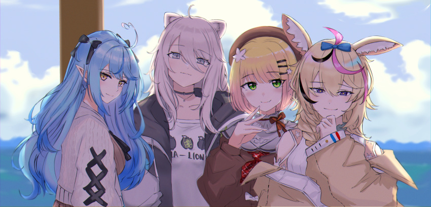 4girls absurdres ahoge animal_ears beret blonde_hair blue_hair bob_cut bow braid flower fox_ears green_eyes grey_eyes grey_hair hair_bow hair_flower hair_ornament hat heart heart_ahoge highres hololive hood hooded_jacket jacket lion_ears long_hair momosuzu_nene multiple_girls nepolabo omaru_polka pointy_ears purple_eyes shishiro_botan smile star-shaped_pupils star_(symbol) symbol-shaped_pupils virtual_youtuber yellow_eyes yukihana_lamy zexalmike