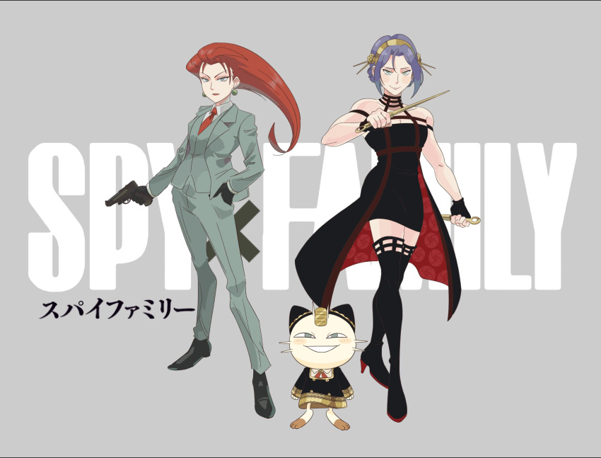 1boy 1girl anya_(spy_x_family) anya_(spy_x_family)_(cosplay) black_dress boots cosplay crossdressing dagger dress formal gun hairband handgun highres james_(pokemon) jessie_(pokemon) kiana_mai knife looking_at_viewer meowth pokemon pokemon_(anime) pokemon_(creature) purple_hair red_hair smile spy_x_family suit team_rocket thigh_boots thighhighs twilight_(spy_x_family) twilight_(spy_x_family)_(cosplay) weapon yor_briar yor_briar_(cosplay)