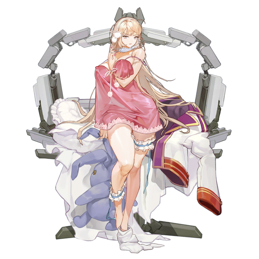 1girl arm_between_breasts babydoll bangs bed_sheet between_breasts blonde_hair blue_eyes blush breasts clothes_removed coat coat_removed covered_nipples faux_figurine frilled_nightgown frilled_straps frills full_body game_cg hair_ribbon highres large_breasts last_origin legwear_removed leona_of_blood_&amp;_iron lingerie long_hair looking_at_viewer machinery nightgown official_alternate_costume official_art pillow pink_babydoll pink_nightgown pom_pom_(clothes) ribbon rorobomb sleep_mask solo standing stuffed_animal stuffed_bunny stuffed_toy thigh_strap transparent_background underwear very_long_hair white_coat white_ribbon