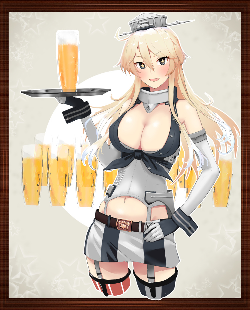 1girl absurdres alcohol american_flag american_flag_legwear american_flag_print asymmetrical_legwear beer beer_mug bkhayatej blonde_hair breasts collar cup fingerless_gloves flag_print front-tie_top garter_straps gloves grey_eyes headgear highres holding holding_tray iowa_(kancolle) kantai_collection large_breasts metal_collar miniskirt mismatched_legwear mug navel skirt solo star-shaped_pupils star_(symbol) striped striped_thighhighs symbol-shaped_pupils thighhighs tray vertical-striped_thighhighs vertical_stripes