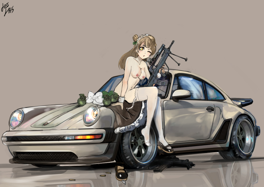 1girl :o ;o apron arm_support assault_rifle bipod black_dress black_footwear bow breasts brown_eyes brown_hair bullpup car clothes_removed dress dress_removed english_commentary explosive famas garter_straps grenade ground_vehicle gun highres holding holding_weapon knife lace-trimmed_legwear lace_trim long_hair looking_at_viewer losslessarts love_live! love_live!_school_idol_project maid maid_apron mary_janes medium_breasts minami_kotori motor_vehicle navel nipples no_bra no_panties one_eye_closed partially_undressed porsche reflection rifle shell_casing shoe_removed shoes signature sitting_on_car skirt spoiler_(automobile) thigh_strap thighhighs thighs trigger_discipline weapon white_bow white_garter_straps wrist_cuffs