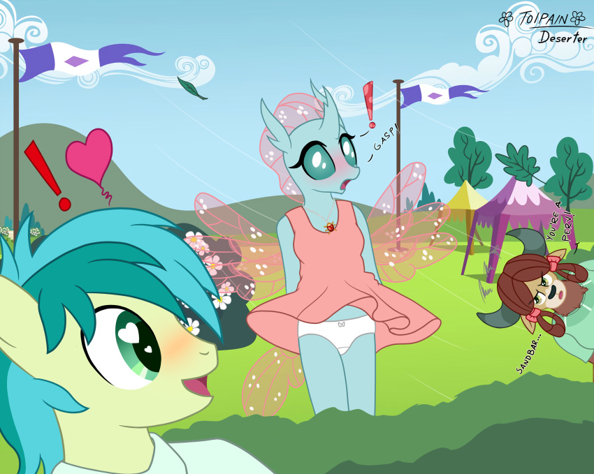 &lt;3 &lt;3_eyes absurd_res anthro arthropod blush bovid bovine canopy changeling clothed clothing clothing_lift deserter_(artist) dialogue dress dress_lift earth_pony english_text equid equine exclamation_point female flag friendship_is_magic gasp green_blouse group hi_res horse male mammal my_little_pony ocellus_(mlp) panties pendant pink_clothing pink_dress pony reformed_changeling sandbar_(mlp) spread_wings surprised_expression teenager text tolpain trio unamused underwear white_clothing white_panties white_underwear wind wings yak yona_yak_(mlp) young