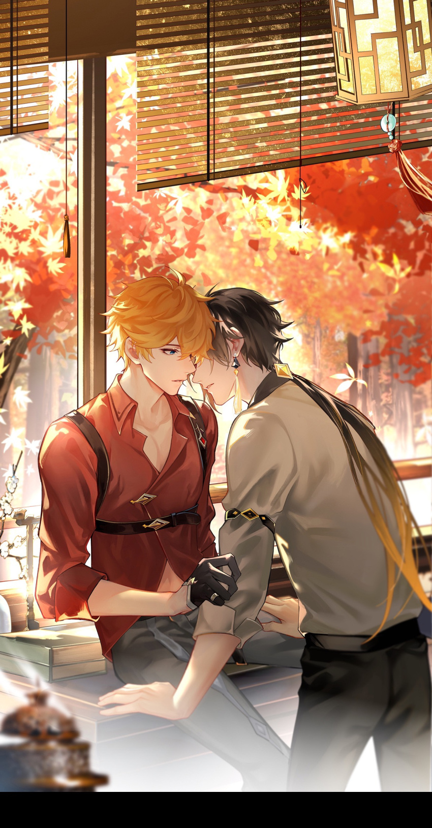 2boys autumn_leaves bangs black_gloves black_pants blinds blue_eyes blurry blurry_foreground book branch brown_hair brown_shirt chinese_commentary collarbone collared_shirt commentary_request day depth_of_field earrings eyelashes genshin_impact gloves gradient_hair grey_pants hair_between_eyes half_gloves highres imminent_kiss indoors jewelry lantern leaf leaning_forward long_hair looking_at_another low_ponytail male_focus multicolored_hair multiple_boys orange_hair pants parted_lips ponytail profile red_shirt shangdafener shirt short_hair sitting sleeves_rolled_up standing table tartaglia_(genshin_impact) tassel tassel_earrings tree very_long_hair wing_collar yaoi zhongli_(genshin_impact)