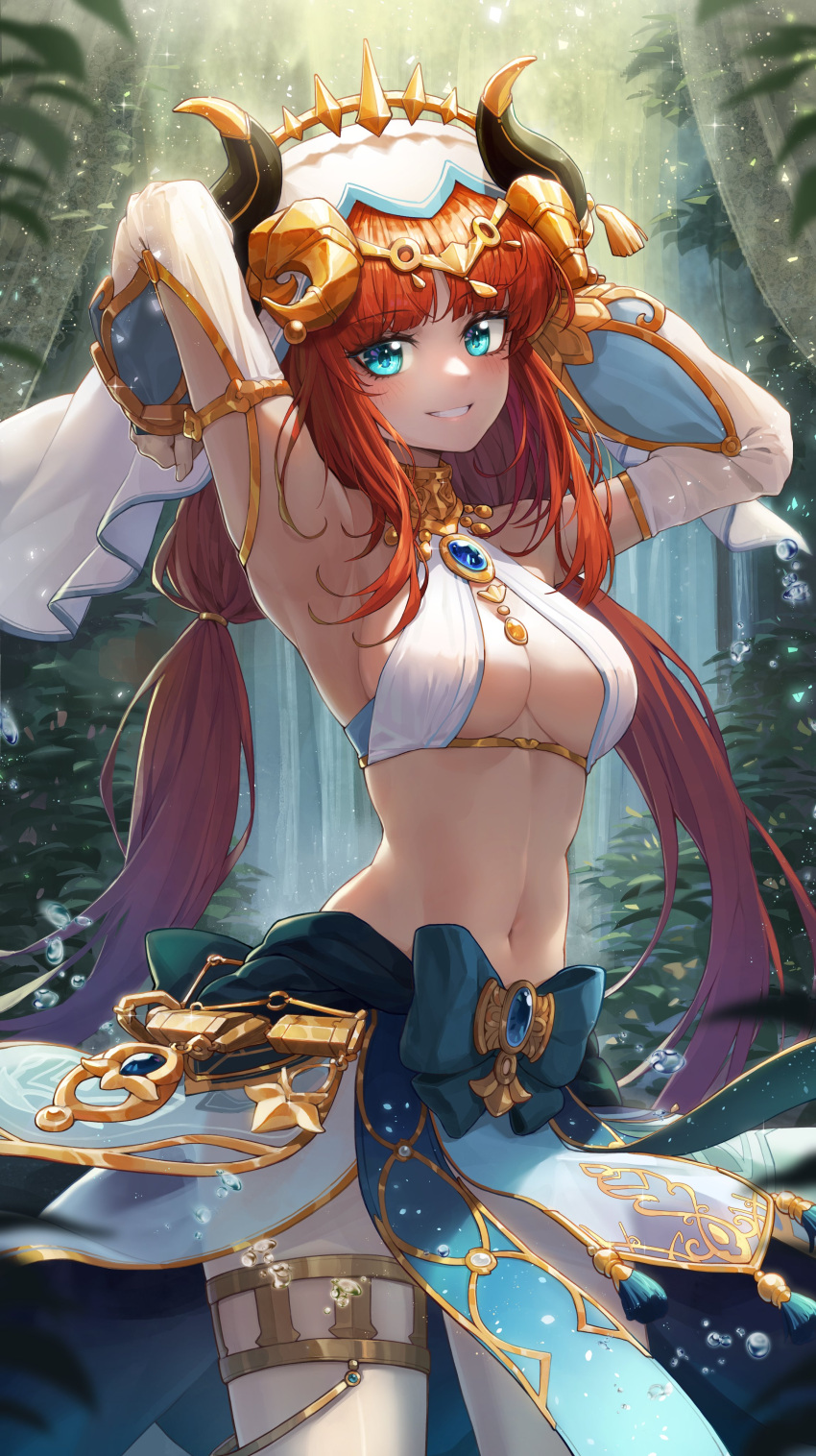 1girl absurdres aqua_eyes arabian_clothes armpits arms_behind_head arms_up bangs bare_shoulders blue_bow blue_gemstone blue_skirt blush bow breasts circlet contrapposto cowboy_shot crop_top day detached_sleeves forehead_jewel gem genshin_impact gold_trim grin harem_outfit highres jewelry kokukyukeo long_sleeves looking_at_viewer low_twintails medium_breasts nature navel neck_ring nilou_(genshin_impact) outdoors parted_bangs puffy_long_sleeves puffy_sleeves red_hair revealing_clothes shirt sidelocks skirt sleeveless sleeveless_shirt smile solo sparkle standing stomach thighlet thighs twintails vambraces veil vision_(genshin_impact) water water_drop waterfall white_headdress white_shirt