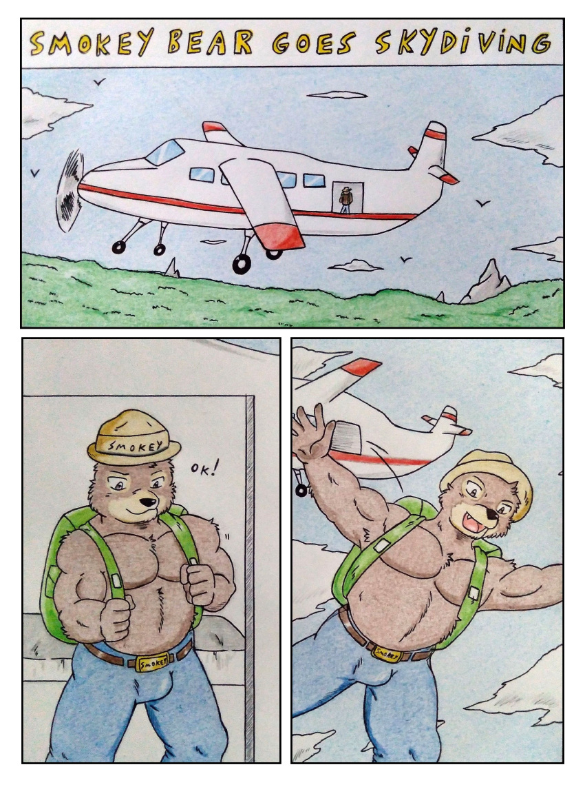 absurd_res aircraft airplane anthro backpack barazoku belly bulge clothing comic comic_panel dashthefox forest forest_background hat headgear headwear hi_res jumping male mammal muscular nature nature_background parachute parachuting pecs plant sky skydiving smokey_bear solo traditional_media_(artwork) tree ursid