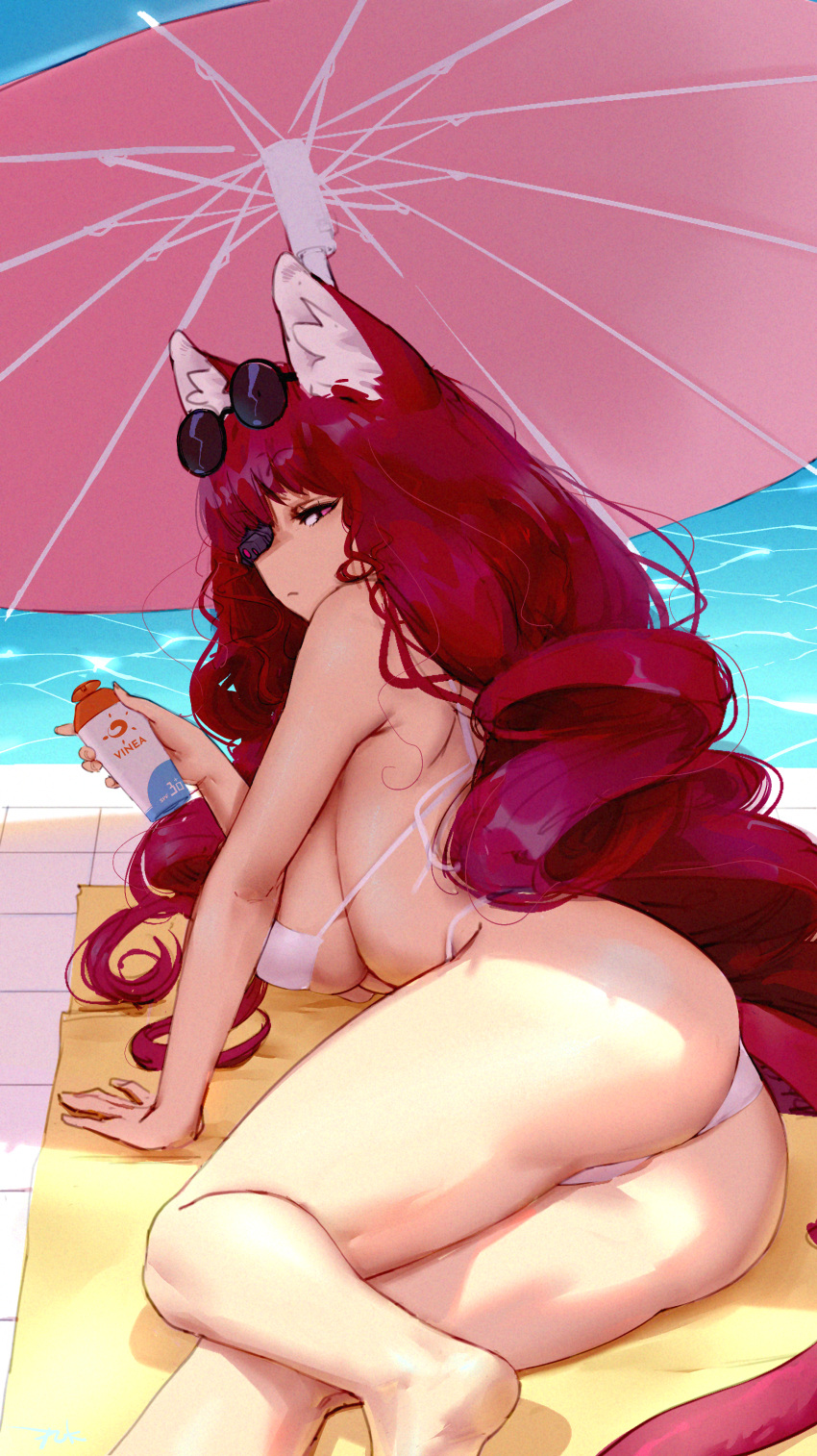 1girl absurdres animal_ears artificial_eye ass bikini breasts cat_ears drill_hair eyewear_on_head highres large_breasts long_hair lotion lying mechanical_eye on_side parasol puk_(puk_2020) red_eyes red_hair sideboob solo stella_hoshii sunscreen swimsuit umbrella va-11_hall-a very_long_hair water