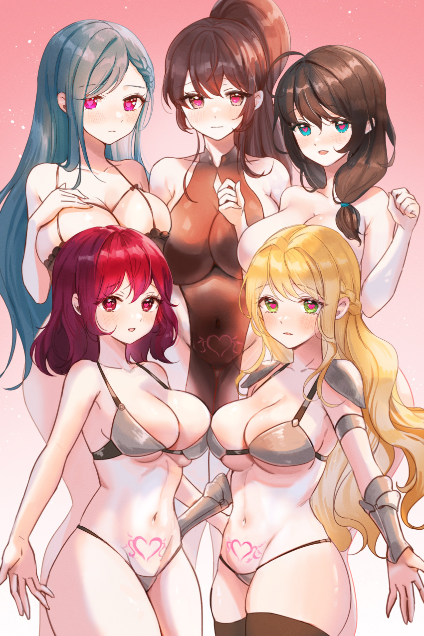 5girls absurdres ahoge arm_guards armor ash_(cat7evy) bangs bare_arms bare_legs bare_shoulders black_dress black_hair black_thighhighs blonde_hair blush bottomless braid breasts brown_eyes brown_hair cleavage closed_mouth collarbone commentary covered_navel cowboy_shot curled_fingers dot_nose dress gradient gradient_background green_eyes green_hair grey_panties hair_between_eyes hand_on_own_chest heart heart-shaped_pupils heart_tattoo high_ponytail highres large_breasts light_frown long_hair looking_at_viewer medium_breasts medium_hair multiple_girls open_mouth original outstretched_hand panties parted_bangs pink_eyes red_eyes red_hair revealing_clothes shoulder_armor simple_background smile standing stomach string_panties symbol-shaped_pupils tattoo thighhighs thighs underwear