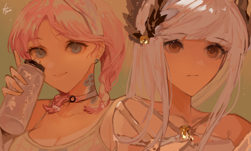 2girls absurdres arknights bare_shoulders bikini blue_eyes blue_poison_(arknights) blue_poison_(shoal_beat)_(arknights) bottle braid breasts choker cleavage collarbone criss-cross_halter earrings hairband halterneck hand_up highres holding holding_bottle jewelry laurel_crown long_hair looking_at_viewer low_twintails medium_hair multiple_girls o-ring o-ring_choker official_alternate_costume pink_choker pink_hair platinum_(arknights) portrait scales shirt signature small_breasts smile swimsuit twin_braids twintails water_bottle white_bikini white_hairband white_shirt yellow_eyes yuki_flourish