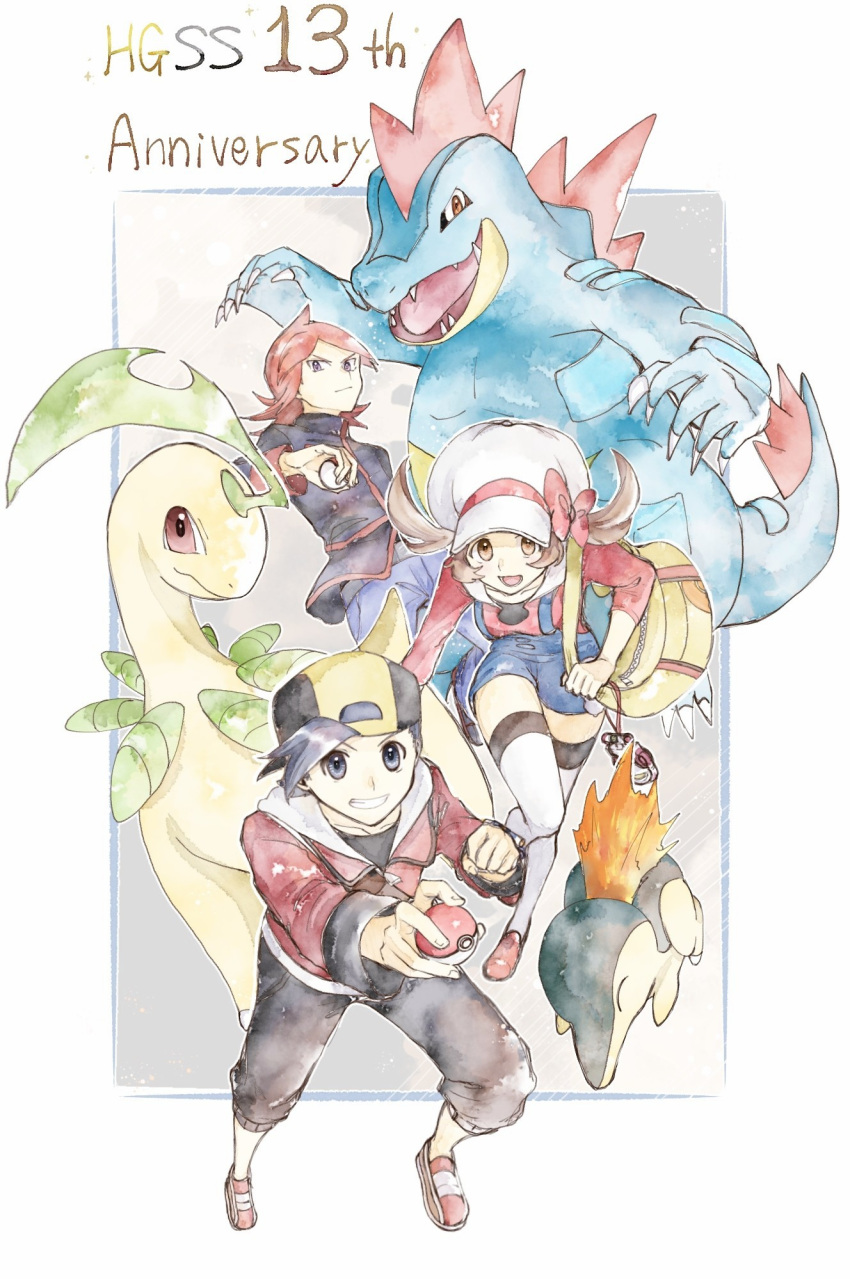 1girl 2boys anniversary asuka_rkgk bayleef black_hair black_shirt bow brown_eyes brown_hair cabbie_hat capri_pants claws commentary_request cyndaquil ethan_(pokemon) feraligatr grey_eyes grin hat hat_bow highres holding holding_poke_ball jacket leg_up long_hair long_sleeves lyra_(pokemon) multiple_boys pants poke_ball poke_ball_(basic) pokegear pokemon pokemon_(creature) pokemon_(game) pokemon_hgss red_bow red_footwear red_jacket red_shirt shirt shoes short_hair silver_(pokemon) smile teeth thighhighs twintails white_headwear yellow_bag
