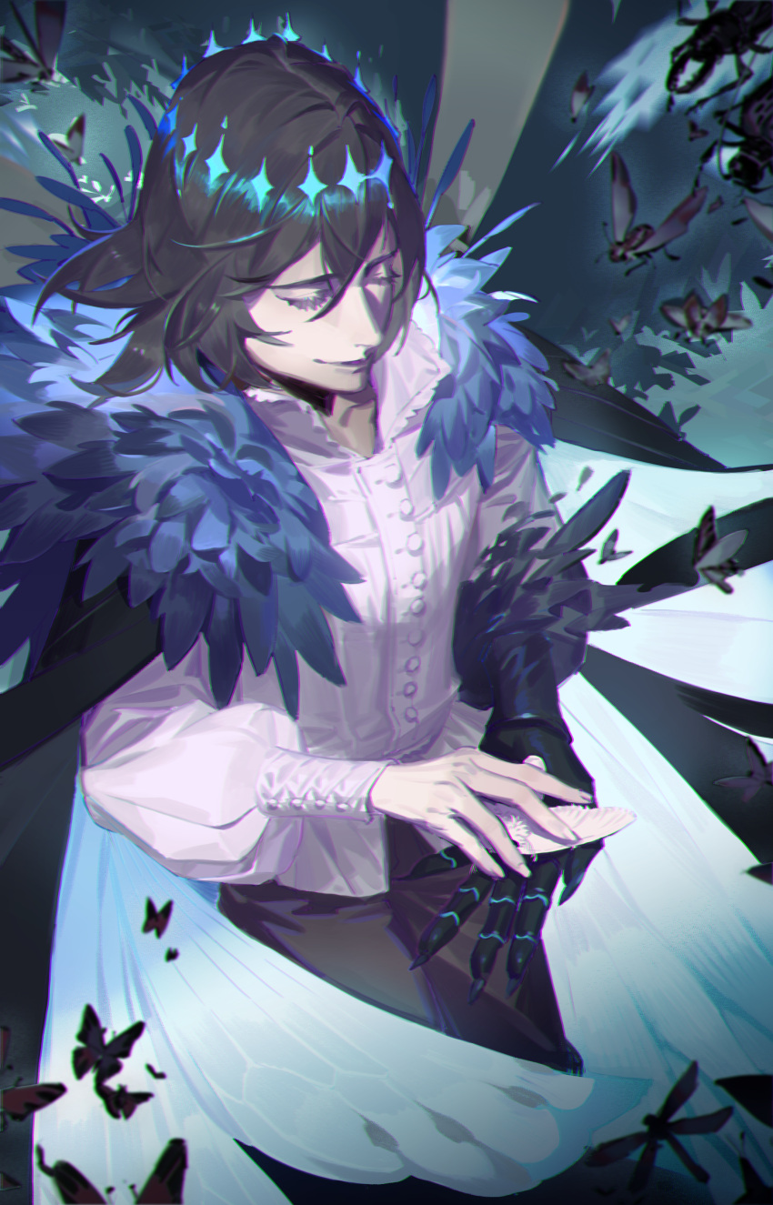 1boy absurdres arthropod_boy bangs black_hair black_pants blanca_(fate) bug butterfly claws cloak closed_eyes closed_mouth collared_shirt commentary_request cowboy_shot crown diamond_hairband fate/grand_order fate_(series) feather_boa fur-trimmed_cloak fur_trim glowing highres insect_wings long_sleeves male_focus medium_hair moth nakii oberon_(fate) oberon_(third_ascension)_(fate) official_alternate_costume official_alternate_hair_color pants puffy_sleeves shirt smile solo white_shirt wings