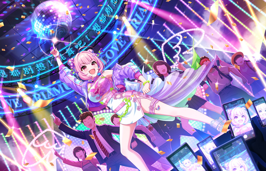 ahoge apron arm_up belt blue_hair blue_jacket breasts cellphone character_name confetti disco_ball dot_nose double_bun dress english_text faceless faceless_female faceless_male hair_bun hair_intakes hat holding holding_phone idolmaster idolmaster_cinderella_girls idolmaster_cinderella_girls_starlight_stage index_finger_raised indoors jacket large_breasts leaning_to_the_side looking_to_the_side multicolored_hair necktie o-ring official_alternate_costume official_art open_clothes open_jacket open_mouth pants phone pink_hair shiny shiny_hair sleeveless sleeveless_dress smartphone smile standing thighs two-tone_hair white_dress yumemi_riamu