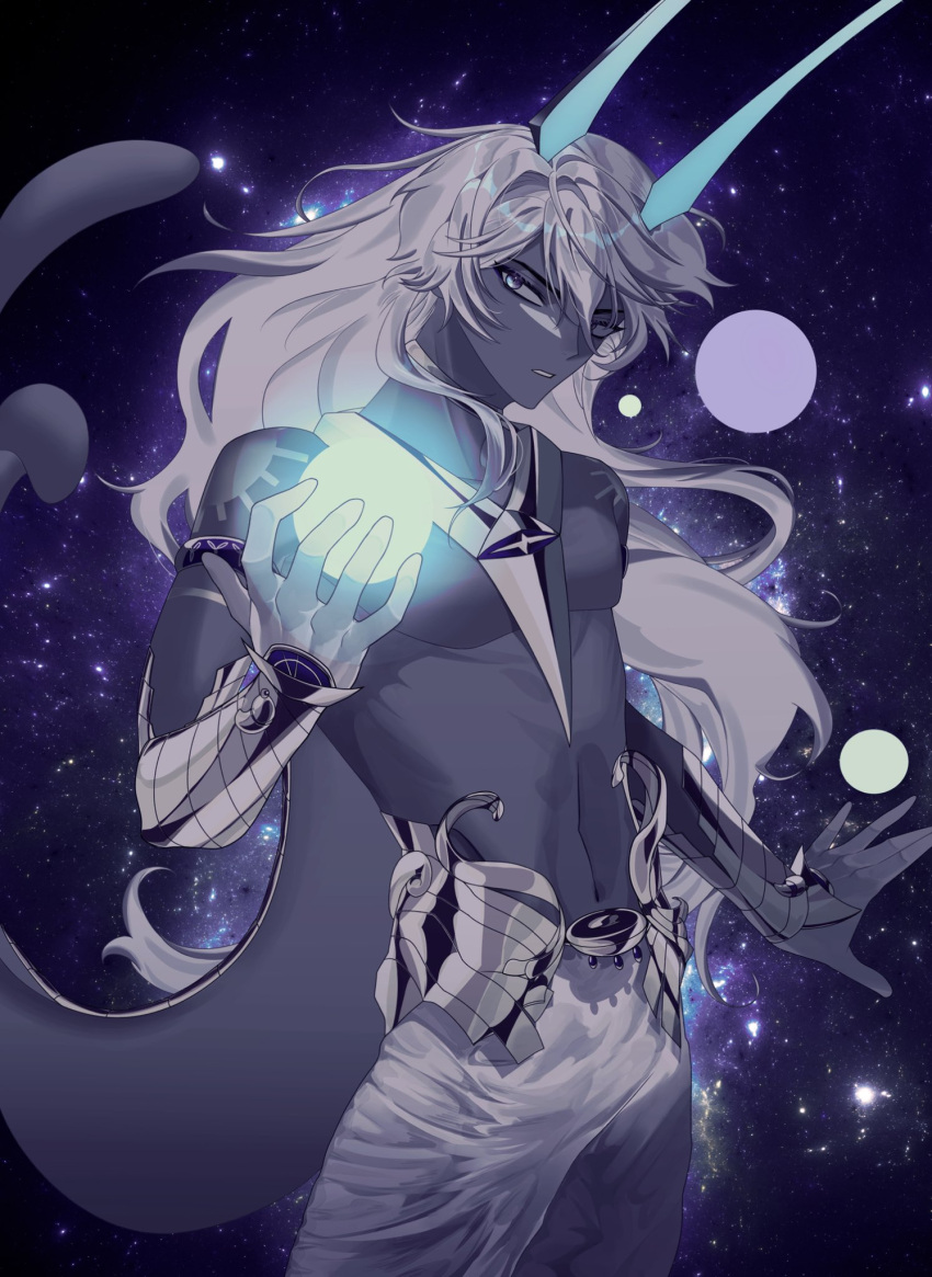 1boy arjuna_(fate) arjuna_alter_(fate) armlet armor bangs blue_horns commentary_request conmu cowboy_shot dark-skinned_male dark_skin expressionless fate/grand_order fate_(series) galaxy gloves glowing glowing_horns gold gold_armor gold_trim grey_eyes highres horns indian_clothes korean_commentary long_hair looking_at_viewer male_focus orb pants parted_lips shiny shiny_hair shiny_skin solo tail topless_male vambraces white_gloves white_hair white_pants