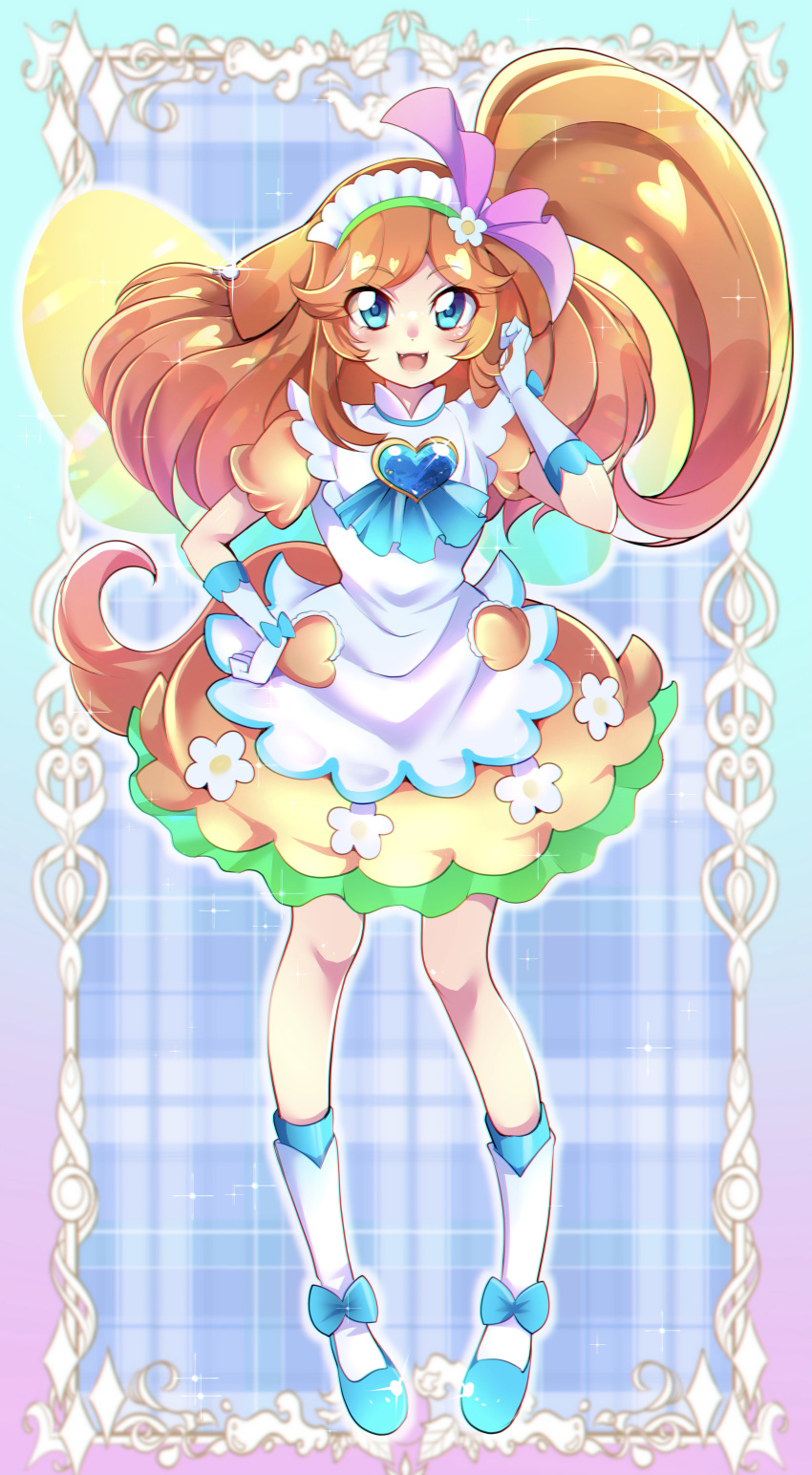 1girl :d absurdres apron blue_background blue_bow blue_eyes blue_footwear bow brooch brown_hair bubble_skirt chromatic_aberration delicious_party_precure flower frilled_hairband frills full_body glove_bow gloves green_hairband hair_flower hair_ornament hair_ribbon hairband heart_brooch highres jewelry kneehighs long_hair looking_at_viewer magical_girl mitsuki_tayura open_mouth pam-pam_(precure) pam-pam_(precure)_(human) pink_ribbon plaid plaid_background precure ribbon shoes side_ponytail skirt smile socks solo white_apron white_gloves white_socks