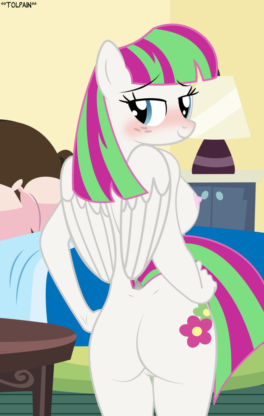absurd_res anthro bedroom bedroom_eyes big_breasts blossomforth_(mlp) blush breasts butt dock equid equine female freckles friendship_is_magic fur genitals hair hands_on_hips hasbro hi_res horse looking_at_viewer looking_back mammal multicolored_hair my_little_pony narrowed_eyes nipples nude pegasus pink_nipples pony pussy seductive solo tail_aside tolpain two_tone_hair white_body white_fur wings