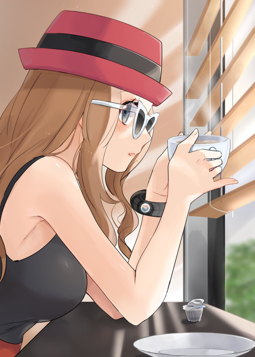1girl blinds blush breasts brown_hair commentary_request cup eyelashes from_side grey_eyes hands_up hat highres holding holding_cup indoors long_hair mega_ring milk_carton pink_headwear pokemon pokemon_(game) pokemon_xy ririmon saucer serena_(pokemon) shirt sleeveless sleeveless_shirt solo steam sunglasses table white-framed_eyewear window