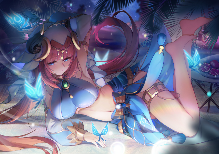 1girl absurdres bangs barefoot blue_butterfly blue_eyes blue_nails blue_skirt blush breasts bug butterfly closed_mouth crop_top detached_sleeves floating_hair full_body genshin_impact highres horns large_breasts long_hair long_sleeves lying midriff nail_polish navel nilou_(genshin_impact) on_side palm_leaf pink_hair puffy_long_sleeves puffy_sleeves sideways_glance skirt solo thighlet toenail_polish toenails twintails veil very_long_hair xingchee