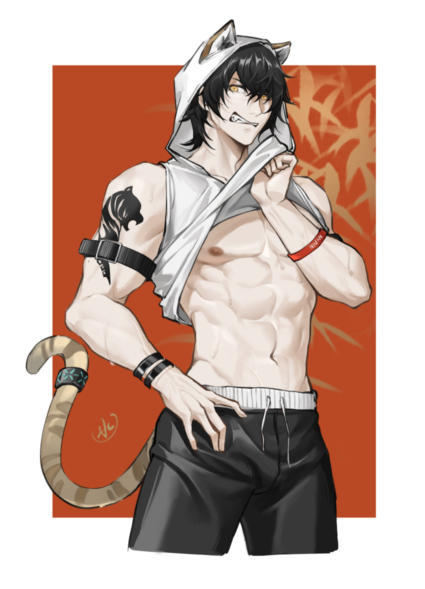 1boy 70281510 abs absurdres animal_ears arknights broca_(arknights) broca_(rest_between_sets)_(arknights) cat_boy cat_ears cat_tail clenched_hand clothes_lift cropped_legs hair_between_eyes highres hood hood_up hoodie lifted_by_self looking_at_viewer male_focus official_alternate_costume pectorals shirt_lift shoulder_tattoo sleeveless sleeveless_hoodie solo stomach sweat tail tail_ornament tail_ring tattoo toned toned_male underpec veins veiny_arms