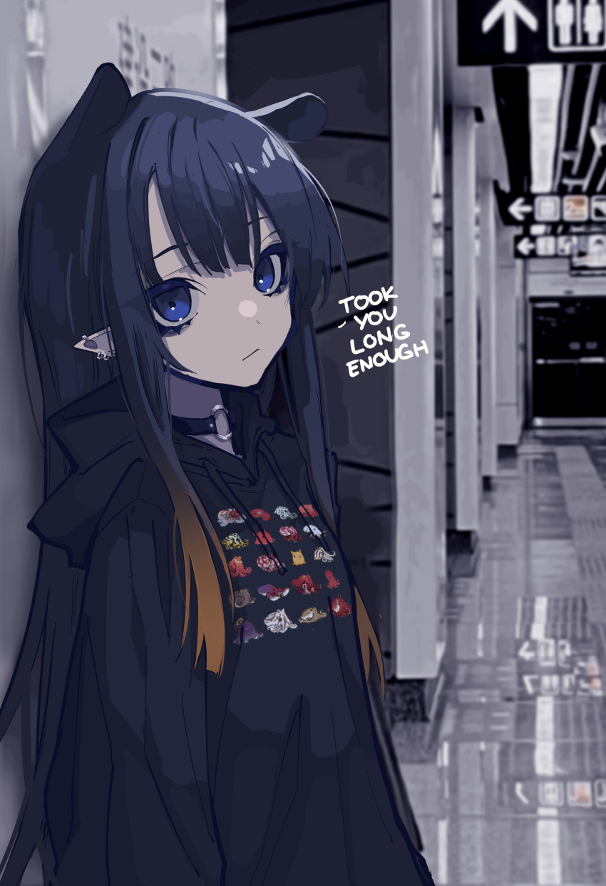 1girl absurdres bags_under_eyes black_hair blue_eyes casual choker earrings english_text highres hololive hololive_english hood hoodie jewelry long_hair looking_at_viewer mentally_deficient ninomae_ina'nis photo_background pointy_ears solo subway_station virtual_youtuber