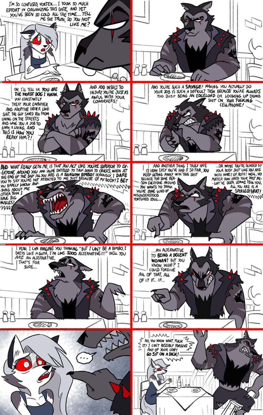 4_fingers abandonment accusation angry angry_eyes annoyed annoyed_expression anthro arguing argument arm_tattoo being_watched bottomwear broad_shoulders canid canid_demon canine chair cheek_tuft claws clenched_teeth clothing colored countershading crossed_arms damaged_eye dark_body dark_eyelids dark_eyeshadow dark_fur date demon digitigrade dinner dinner_date dinner_table dress duo ear_piercing eye_scar facial_scar facial_tuft female finger_claws fingers fluffy fluffy_tail frown frown_eyebrows frowney_face frowning_at_partner frustrated frustration fur furniture grey_body grey_fur grey_hair hair hair_over_eye hate heartbroken hellhound helluva_boss hi_res horn hurt_expression insult jacket judging leather leather_clothing leather_jacket leather_topwear legwear looking_at_another loona_(helluva_boss) male male/female mammal meltdown monochrome notched_ear on_chair one_eye_obstructed open_mouth pants piercing plate public rant red_eyes red_sclera rejected rejection sad sad_eyes scar sharp_teeth shocked_expression simple_background sitting sitting_on_chair spiked_jacket surprised_expression table tattoo teeth the_truth topwear torn_bottomwear torn_clothing torn_legwear torn_pants tuft unamused unknown_artist vortex_(helluva_boss) white_background white_body white_countershading white_pupil wide_eyed worried yelling