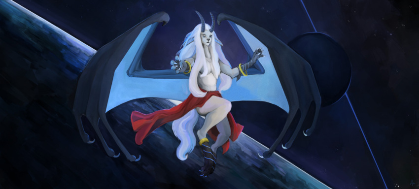 ambiguous_gender atmosphere biceps blue_wings classical claws clothed clothing deity demon diorionarh fur hair horn humanoid long_hair looking_at_viewer male muscular muscular_male mythology paws planet renaissance scarf simple_background solo space tail_motion tailwag unknown_species white_body white_hair wings