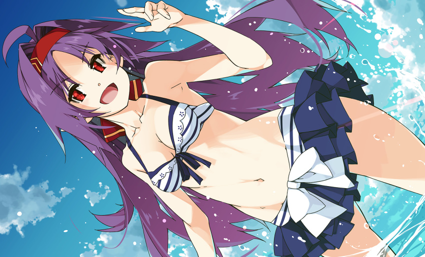 1girl :d ahoge armpits bangs bare_shoulders bikini blue_sky breasts cleavage collarbone hairband highres long_hair navel open_mouth parted_bangs pointy_ears purple_hair red_eyes red_hairband shikei sideways sky small_breasts smile solo swimsuit sword_art_online water yuuki_(sao)