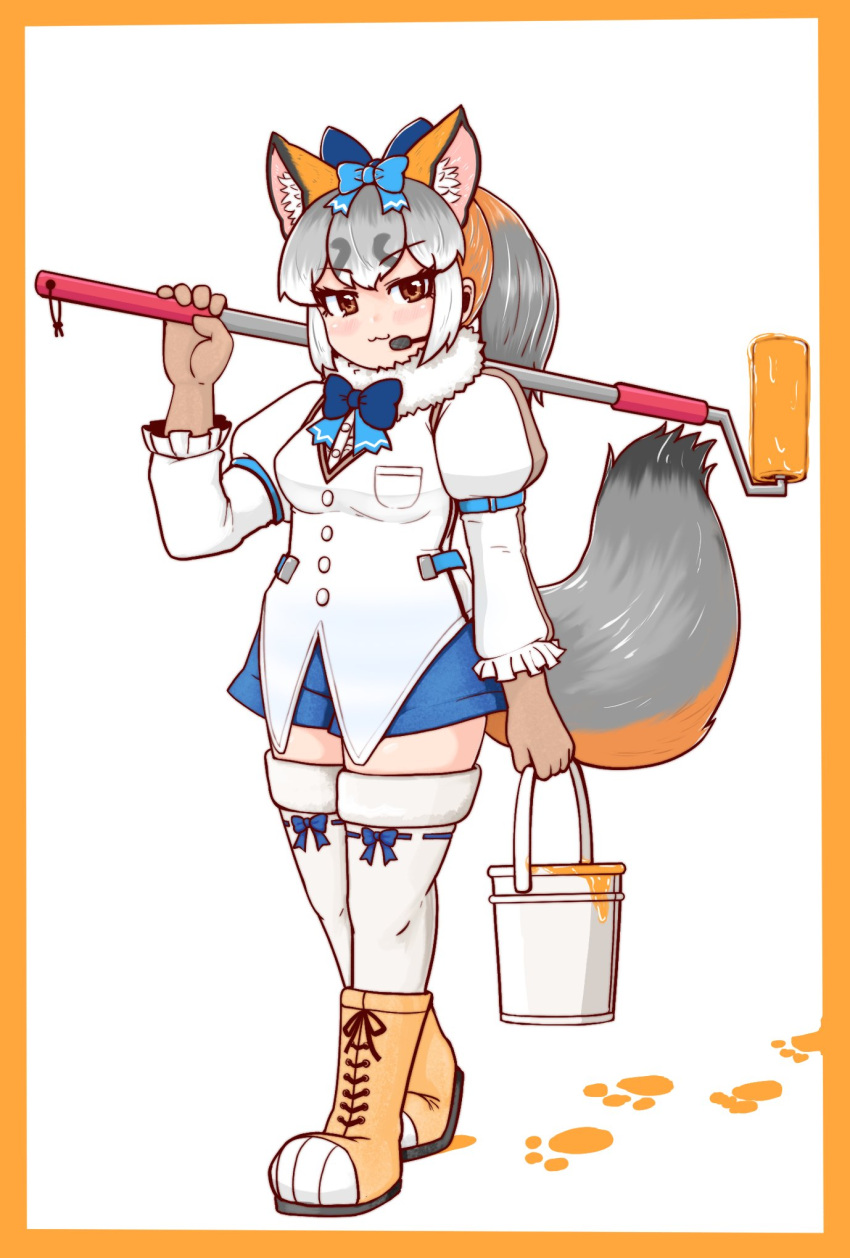 :3 alternate_costume animal_ears blue_bow blue_bowtie blue_skirt blush boots bow bowtie brown_gloves brown_shirt commentary_request cosplay extra_ears fox_ears fox_girl fox_tail fur_collar gloves grey_hair hair_bow highres island_fox_(kemono_friends) juliet_sleeves kemono_friends kemono_friends_v_project long_sleeves microphone mujinamori_tamakichi multicolored_hair orange_eyes orange_footwear orange_hair paint paint_can paint_roller ponytail puffy_sleeves shirt siberian_chipmunk_(kemono_friends) siberian_chipmunk_(kemono_friends)_(cosplay) skirt tail thighhighs two-tone_hair two-tone_shirt white_fur white_shirt white_thighhighs zettai_ryouiki