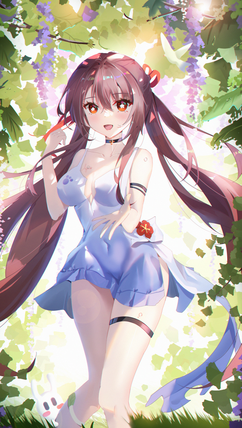1girl :d absurdres alternate_costume arm_strap ayan_1593817922 bangs bare_shoulders black_choker blush breasts brown_hair choker cleavage collarbone commentary_request covered_navel creature day dress feet_out_of_frame flower flower-shaped_pupils forest genshin_impact hair_between_eyes hair_ribbon hand_up highres hu_tao_(genshin_impact) knees_together_feet_apart lips long_hair looking_at_viewer nature no_headwear open_mouth outdoors paw_print plum_blossoms red_eyes red_ribbon ribbon short_dress side_slit signature sleeveless sleeveless_dress smile solo symbol-shaped_pupils thigh_strap very_long_hair white_dress wisteria