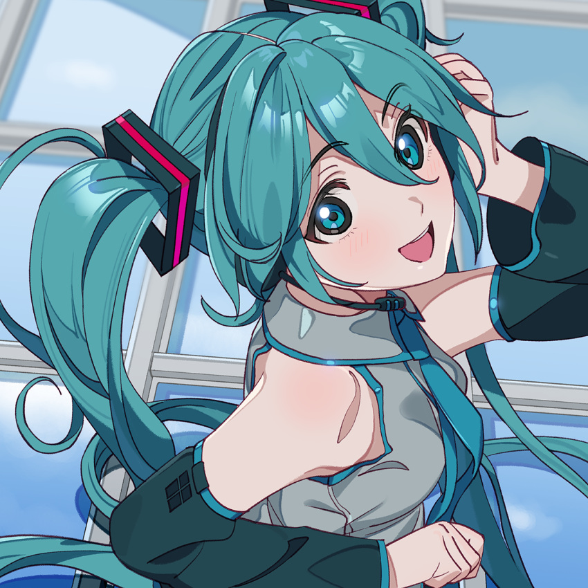 1girl :d aqua_hair arm_at_side bare_shoulders black_sleeves blue_eyes blue_necktie blurry blurry_background breasts clenched_hand collared_shirt detached_sleeves eyes_visible_through_hair from_above grey_shirt hair_between_eyes hand_on_own_head hand_up happy hatsune_miku headset highres light_blush long_hair looking_at_viewer looking_up medium_breasts momonosa_oekaki necktie open_mouth shiny shiny_hair shirt shoulder_blush sleeveless sleeveless_shirt smile solo straight_hair teeth twintails upper_body upper_teeth very_long_hair vocaloid window