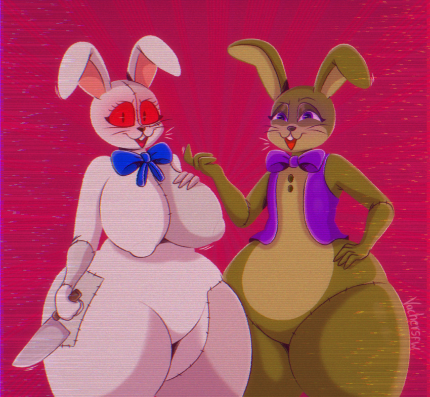 anthro bow_tie duo female five_nights_at_freddy's glitchtrap knife lagomorph leporid male mammal purple_eyes rabbit red_eyes scottgames simple_background thick_thighs vachersfw vanny_(fnaf) video_games whiskers wide_hips