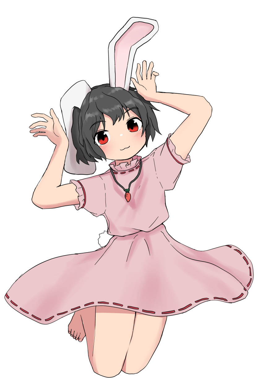 1girl :3 absurdres animal_ears barefoot black_hair carrot_necklace dress highres inaba_tewi jewelry kashiwa_kona necklace pink_dress rabbit_ears rabbit_girl rabbit_tail red_eyes ribbon_trim short_hair simple_background solo tail toes touhou white_background