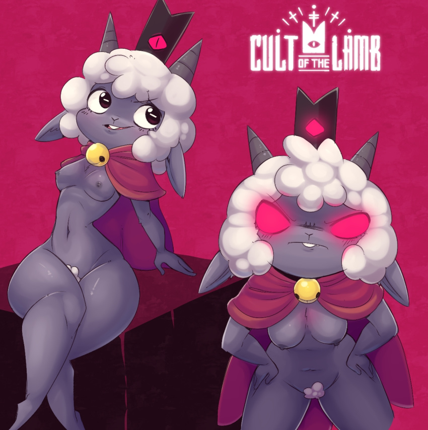 2022 2_horns angry anthro bell bell_collar birshy bovid breasts brown_eyes buckteeth cape caprine clothing collar crown cult_of_the_lamb english_text female full-length_portrait fur glowing glowing_eyes grey_body grey_fur grey_nipples hair hands_on_hips hi_res horizontal_pupils horn lamb_(cult_of_the_lamb) leaning leaning_back leaning_forward logo looking_at_viewer looking_away mammal mostly_nude navel nipples portrait pubes pupils red_background red_clothing red_eyes segmented_horn shaded sheep short_hair simple_background sitting small_breasts smile soft_shading solo stone_slab teeth text thick_thighs three-quarter_portrait title white_body white_fur wool_(fur)