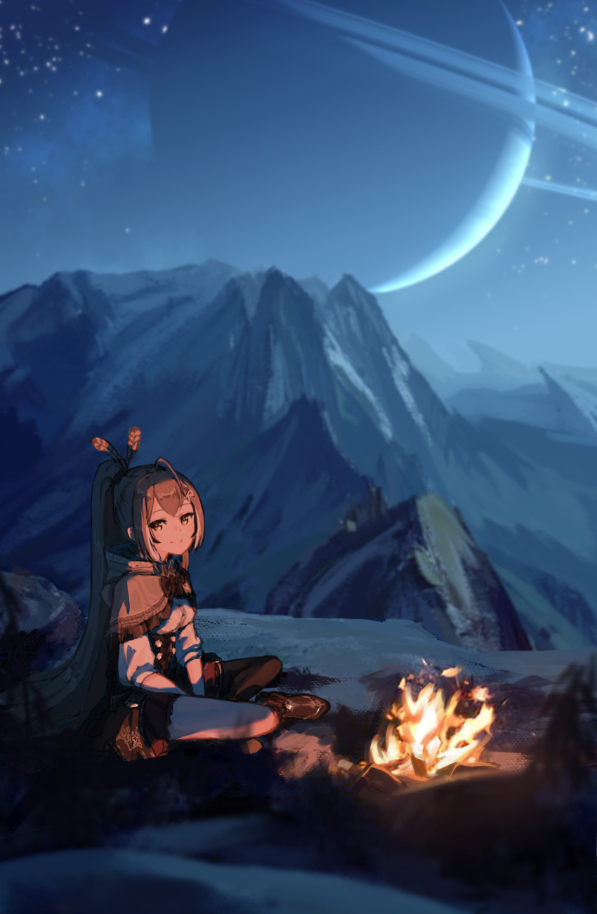 1girl ahoge boots brown_eyes brown_hair campfire capelet corset feather_hair_ornament feathers hair_ornament highres hololive hololive_english indian_style long_hair looking_at_viewer mountain nanashi_mumei night on_ground outdoors planet planetary_ring ponytail sitting skirt sky smile solo star_(sky) starry_sky virtual_youtuber waneyeye