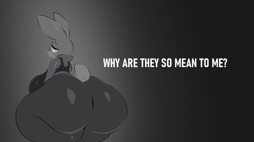 absurd_res anthro arizonathevixen big_breasts big_butt bottomwear breasts butt clothing disney english_text female frown half-closed_eyes hi_res huge_breasts huge_butt huge_thighs hyper hyper_butt hyper_hips hyper_thighs judy_hopps judy_hopps_allegation_challenge lagomorph leporid mammal monochrome narrowed_eyes pants police_uniform question_mark rabbit sad shirt solo text thick_thighs topwear uniform vest wide_hips zootopia