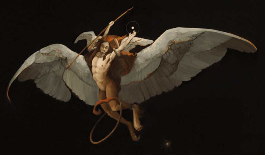 action_pose ambiguous_gender biceps brown_body brown_hair classical claws deity demon diorionarh eyes_closed feathered_wings feathers fur hair horn humanoid male muscular muscular_male mythology nipples pose renaissance simple_background solo stick tail_motion tailwag unknown_species wings