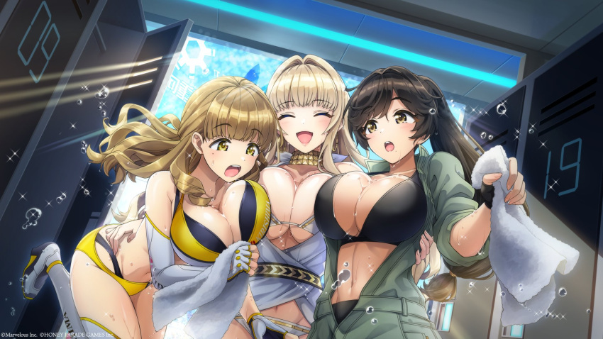 3girls :o ^_^ ayato_utae bikini black_bikini black_hair blonde_hair breasts cleavage closed_eyes copyright dolphin_wave facing_viewer hair_intakes highres holding holding_towel kirahoshi_kanna large_breasts leg_up locker locker_room long_hair multiple_girls official_art open_jumpsuit ponytail swimsuit towel wavy_hair white_bikini yabame_yume yellow_eyes