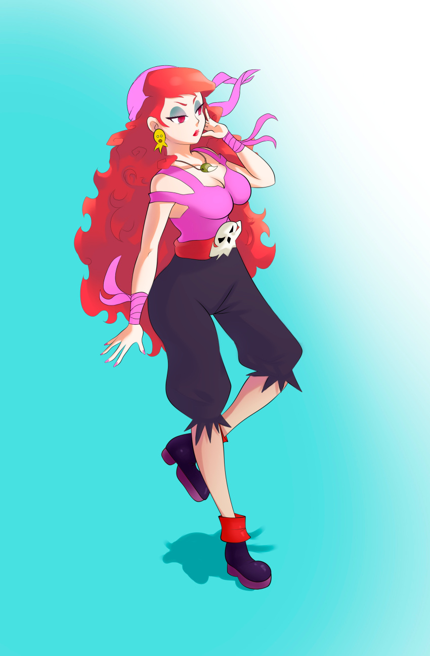 1girl absurdres blue_eyeshadow boots captain_syrup collar curly_hair earrings eyeshadow full_body highres jewelry lipstick makeup pink_nails red_eyes red_hair red_lips solo wario_land wavy_hair