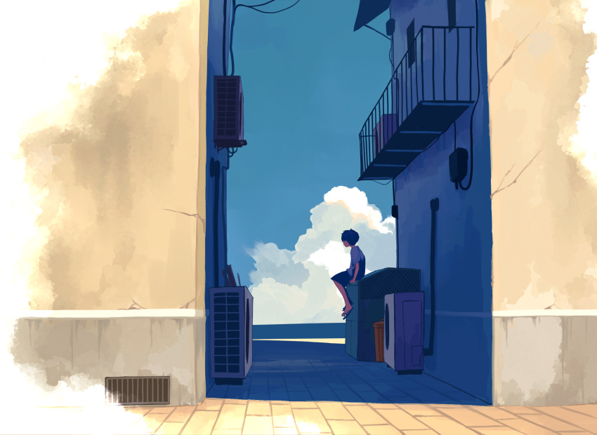 1boy air_conditioner alley balcony blue_sky building child cloud day highres looking_afar male_child male_focus original outdoors scenery shirt shorts sitting sky solo t-shirt taizo4282 white_shirt